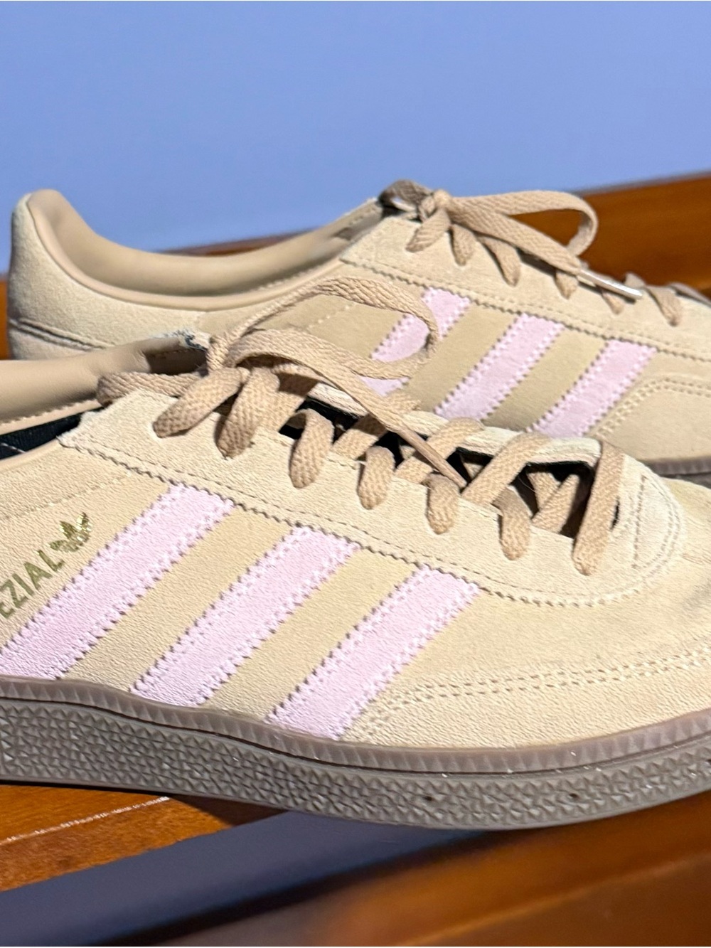 adidas women’s Beige Suede Sneakers with Light Pink Stripes